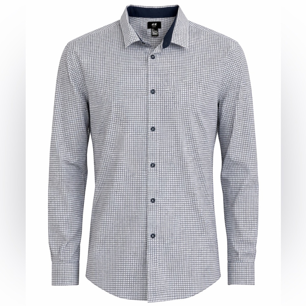 H&M Slim Fit Men’s Button‎ Up Shirt Large White & Dark Navy Monochrome Grid